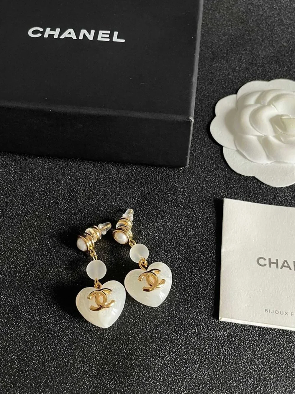 Chanel White Frosted Heart CC Pearl Chain Drop Dangle Earrings Pair Designer Pie